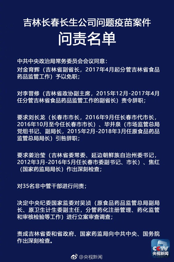 央視：中央政治局聽取長生疫苗門調(diào)查報告，嚴肅問責相關(guān)人員